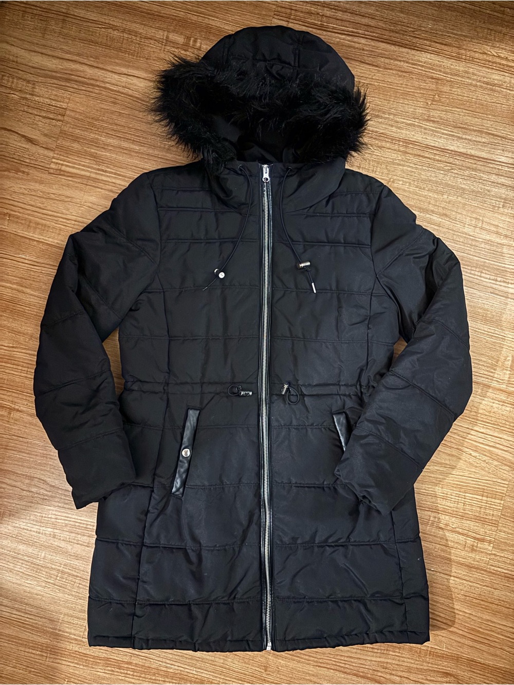 Old Navy Black Quilted Hooded Puffer Coat with Faux Fur Trim